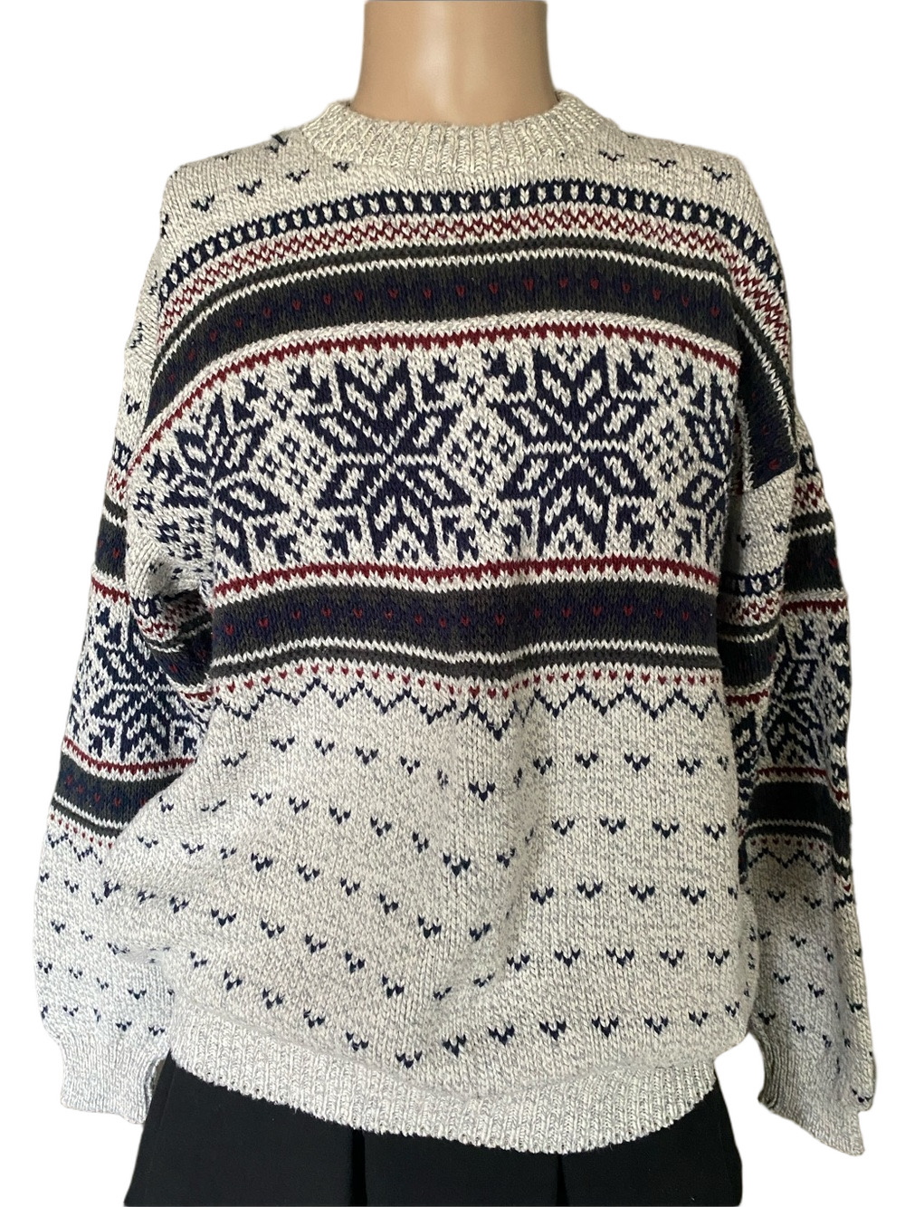 Britches men’s Fair Isle Crewneck Sweater in Cream with Navy & Red Accents